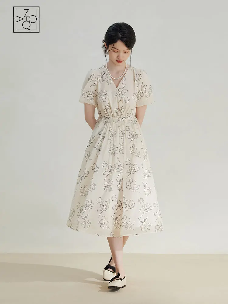 

ZIQIAO Tea-break French Print Dress for Women High-end Special Line Flower Mid-length Elegant A-line Dress Female Summer New