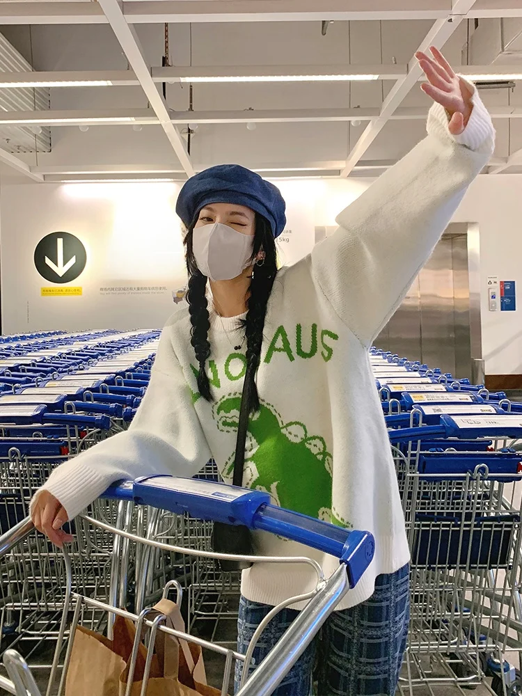 

White Dinosaur Knitwear Loose Overhead Design Women's Faion Comfortable Sle Yang Pao Pao Brand Commute Sle Knitted Top