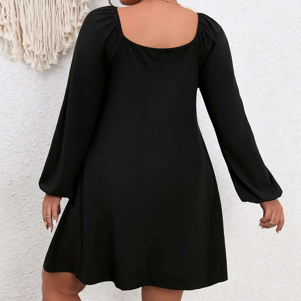 Plus Size Women Dresses 2023 New Fashion Waisted A-line Dress Casual Solid Color Bubble Sleeve Square Neck Temperament Dresses