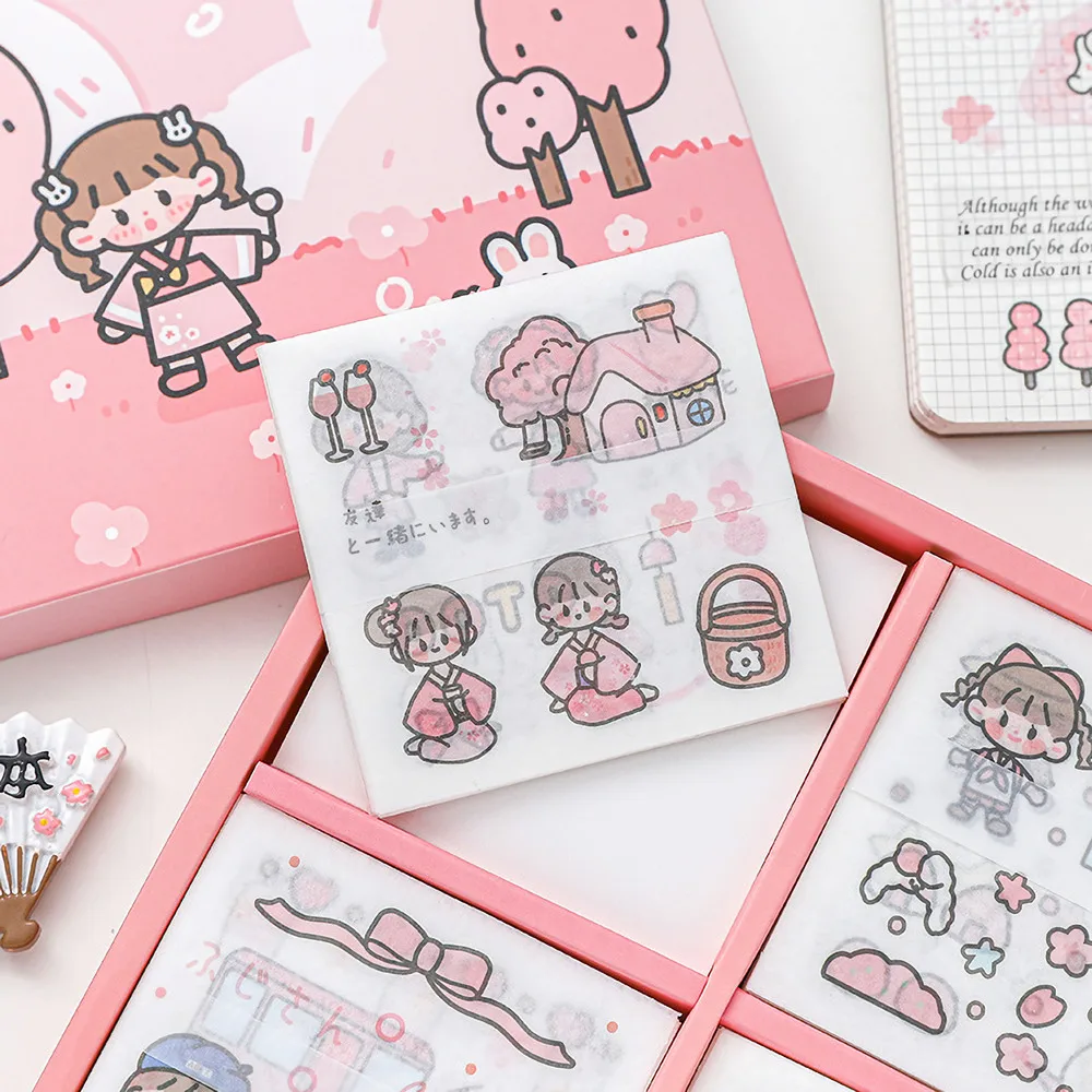 Sakura Washi Sticker Gift Box - 100pcs  Kawaii Cherry Blossom Paper Stickers for Journaling Scrapbooking DIY Crafts Cute