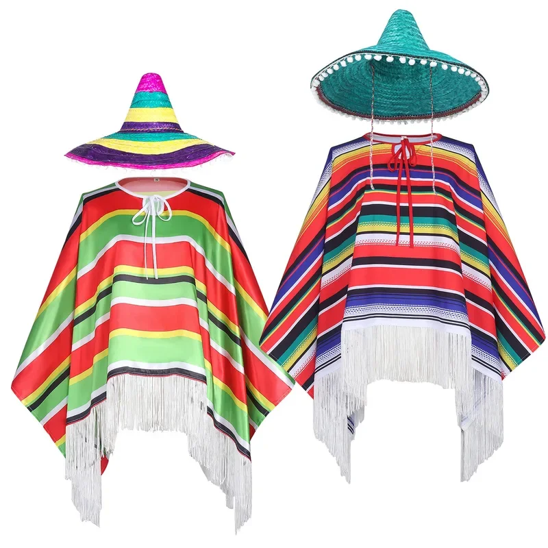 Holiday Cosplay Costume Mexico Day of The Dead Cosplay Carnival Party Mexican Ethnic Cape Costume for Girl with Straw Hat