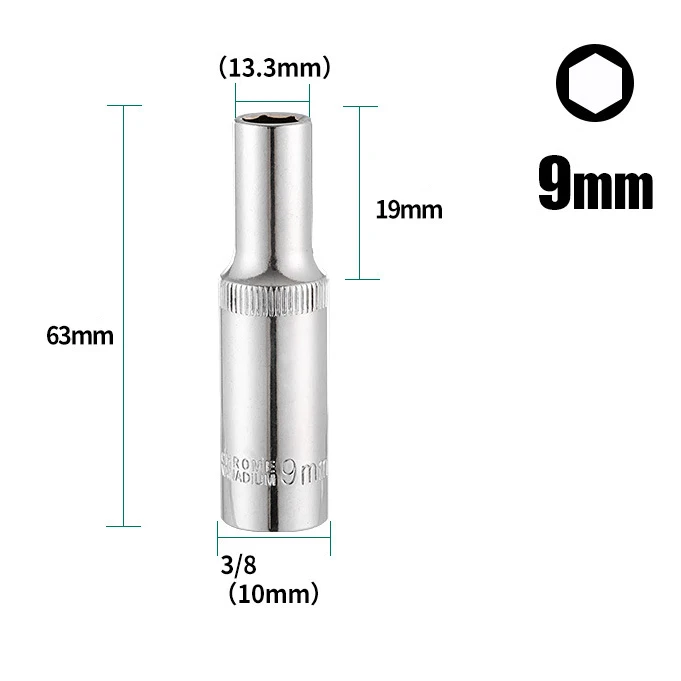 3/8inch Deep Socket Adapter Chrome Vanadium Steel Hex Long Sleeve Wrench Heads 8-24mm Ratchet Wrench Adapter