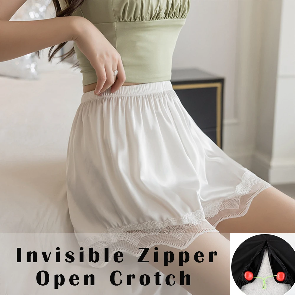 

Zipper Crotch Summer Elegant Safe Shorts Women Thin Lace Ice Silk Underwears Panties