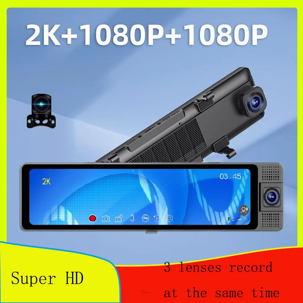 

2K Mirror Dash Cam 3 Channels Front and Rear Inside Full HD Touch Screen Car Camera Night Vision G-Sensor APP Control Car DVR