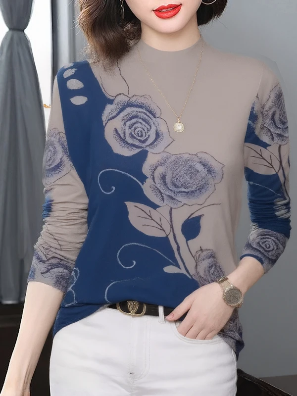 

Элегантная женская футболка с длинным рукавом и принтом, с воротником-стойкой, в стиле Mom, универсальная, скрывающая живот, для женщин среднего и старшего возраста