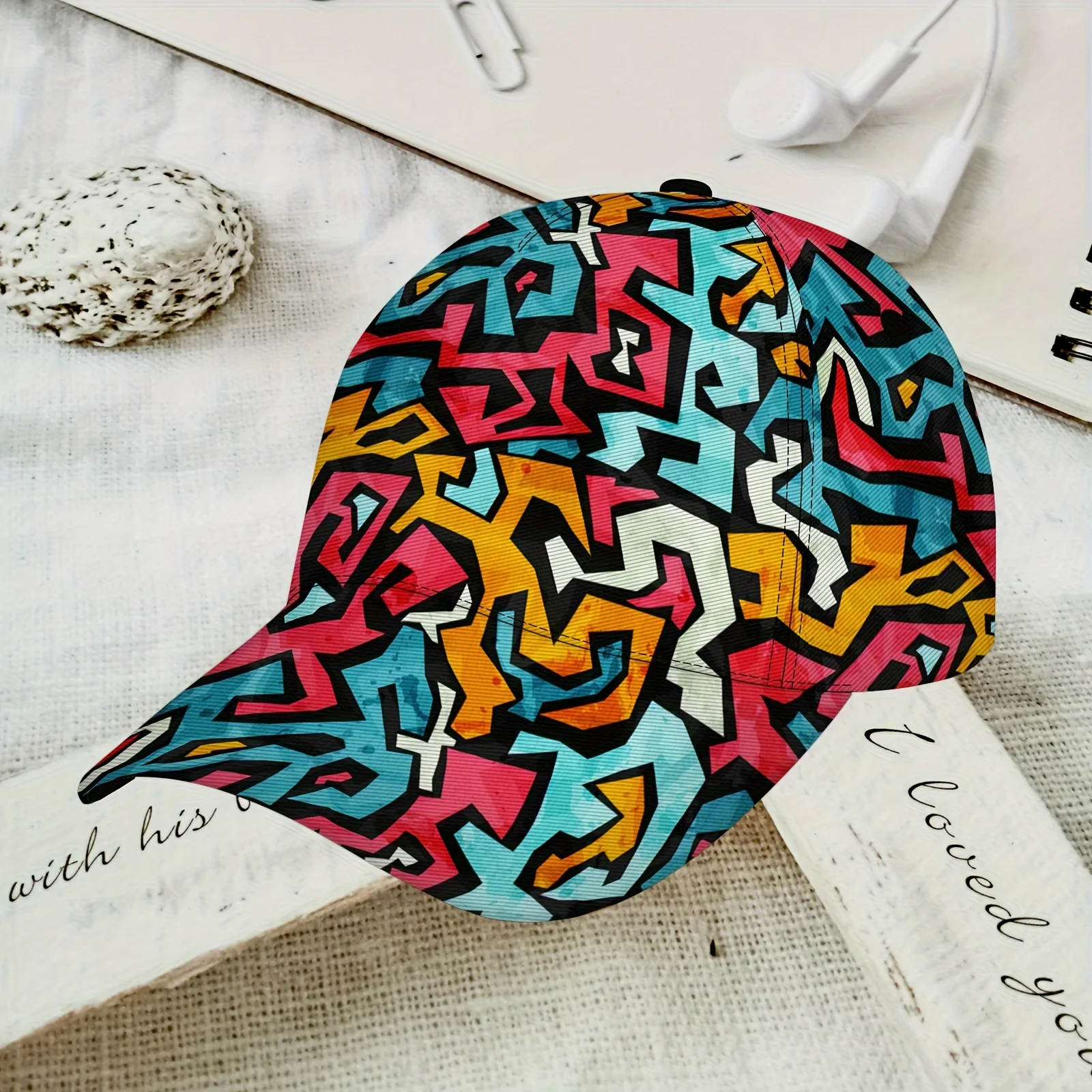 Colorful Geometric Graffiti Print Baseball Cap Abstract Tribal Pattern Adjustable Dad Hat Breathable Sun Hat Streetwear