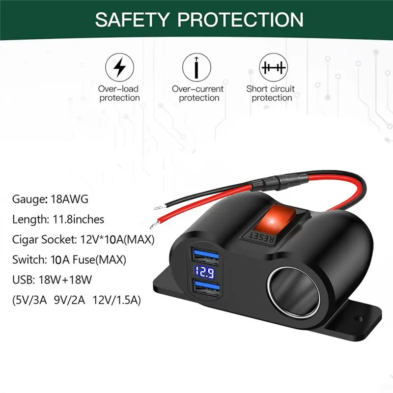 M93K-QC3.0 USB 3.0 Cigarette Lighter Socket Splitter With Voltmeter 12V Car Power Adapter For Marine Motorcycle Truck