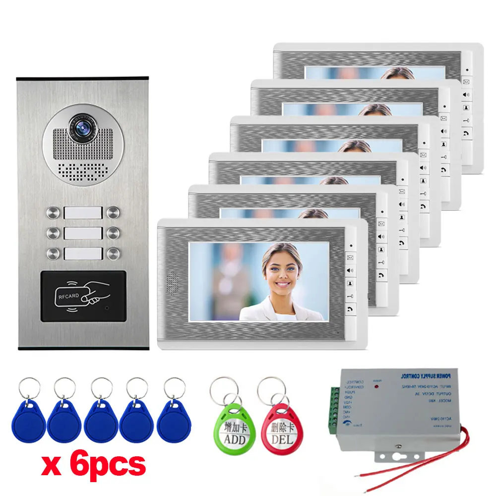 7 inch HD Color Video Door Phone Doorbell Intercom System + RFID Access Control Camera for 2/3/4/6 Multi /Family Apartment