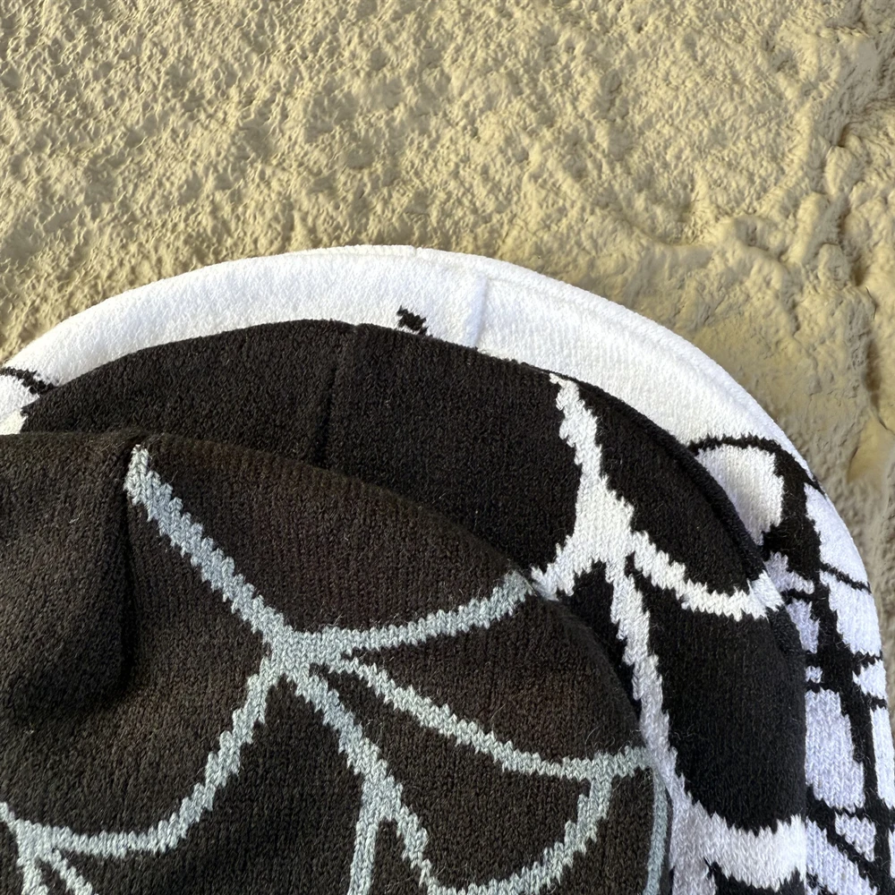 Fashion Streetwear Retro Spider Web Pattern Beanie Daily Casual Outdoor Cap Embroidery Stretchable 100%Cotton Hat For Men Women