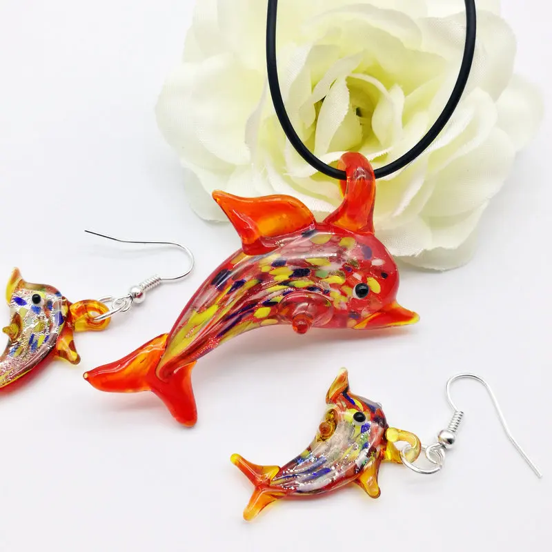 1Set Fashion Blue dolphin Shape Lampwork Pendant Necklace Earrings For Women Red Glass Murano Floral Cheap Items Jewelry Set