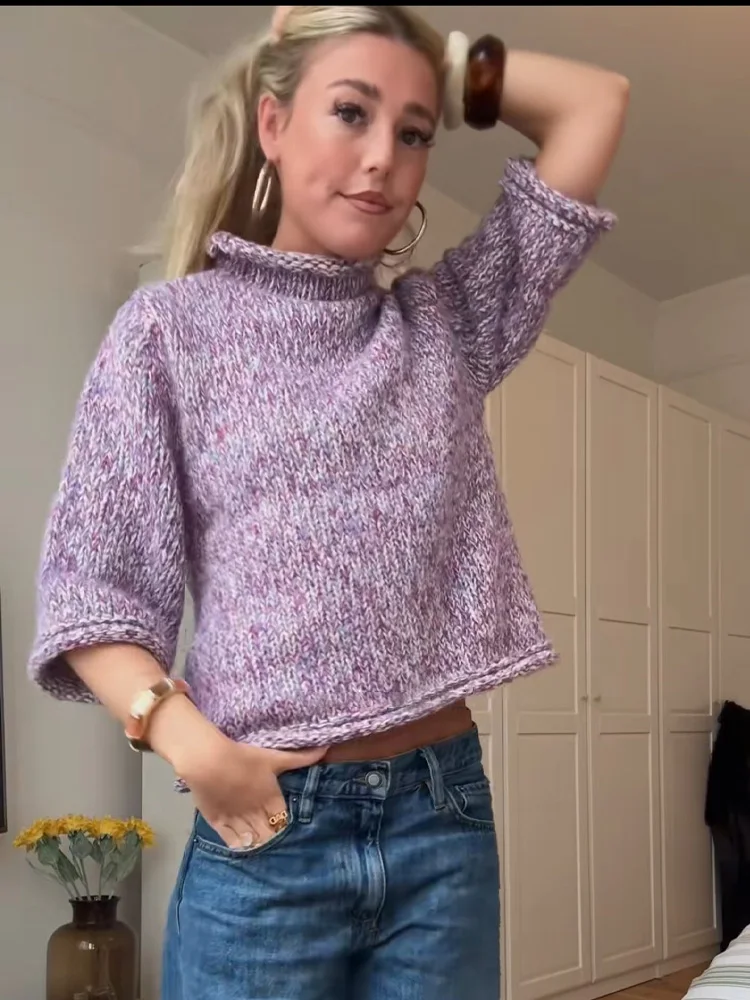 HH المرأة الخريف مرونة البلوز طويلة الأكمام البلوز المرأة عادية فضفاض محبوك الشارع الشهير القمم الياقة المستديرة سترة القمم