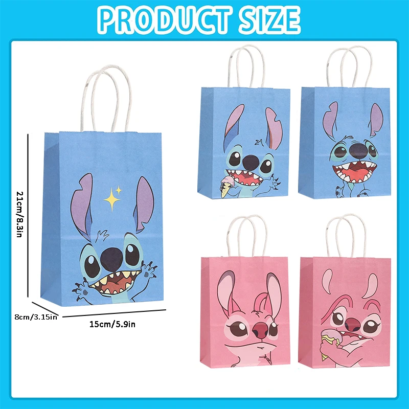 10/20pcs Stitch Themed Party Gift Bags with Handle Blue Pink Stitch Kraft Bags Baby Shower Kids Bithday Party Favors Bags Decor