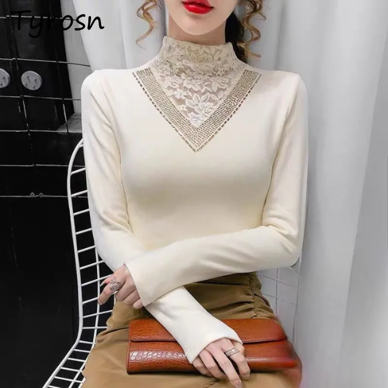 

Pullovers Women Hot Rhinestoned Brushed Half-high Collar Lace Spliced Design Long Sleeve Basic Slim Fit Autumn All-match Fashion