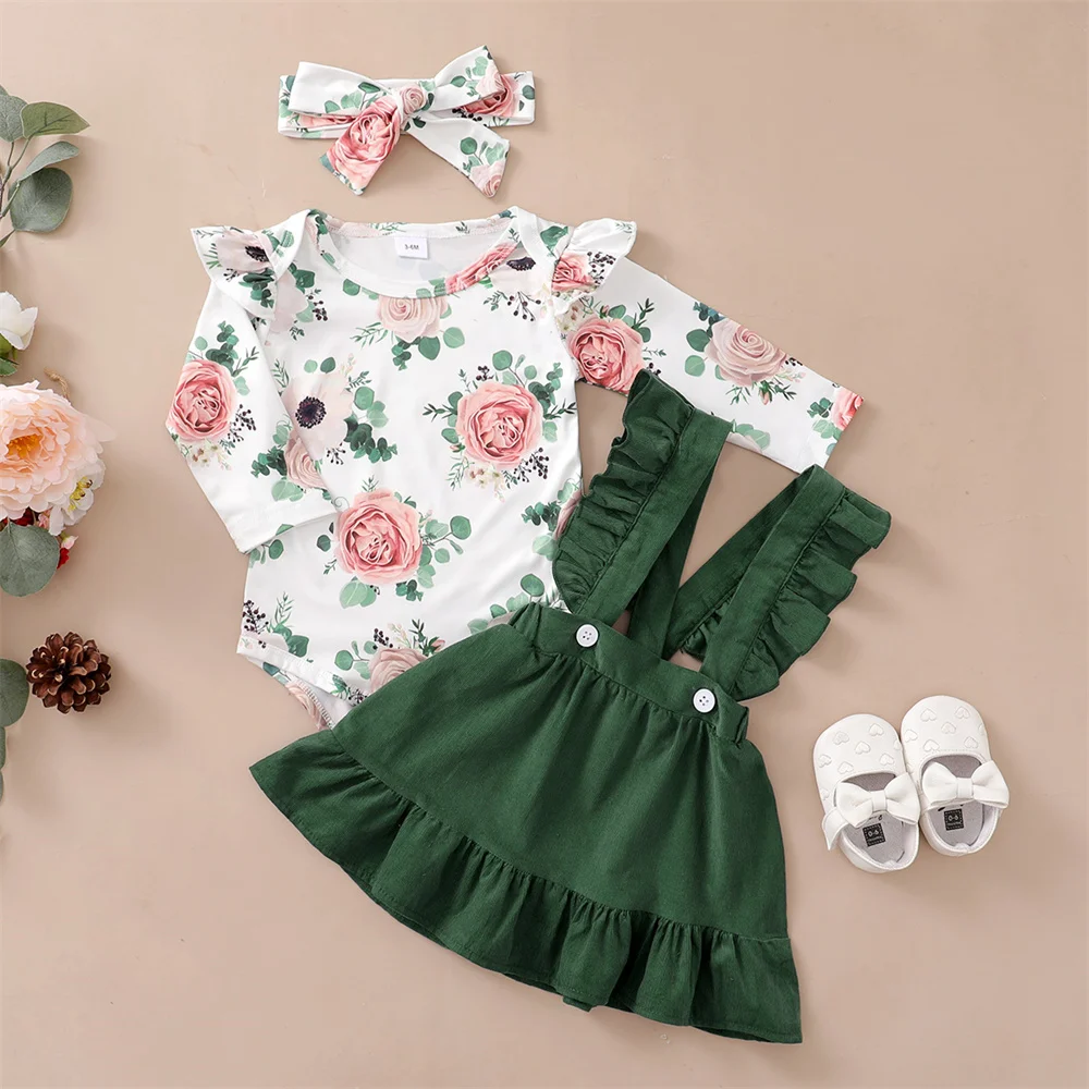 0-12Months Newborn Baby Girl 3PCS Clothes Set Floral Long Sleeve Top+Suspender Skirt+Headwear Fashion Spring&Autumn Daily Outfit