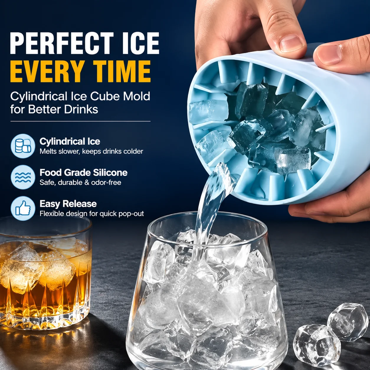 Cylindrical Ice Cube Mold, Food Grade Silicone Ice Ball Maker for Whiskey, Light Bulb Ice Cube Tray, Practical Household