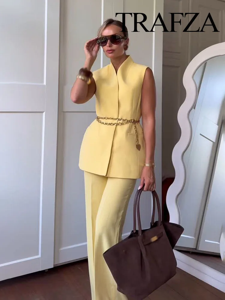 

TRAFZA Women Pocket Decoration Commute Solid Yellow Pants Suit Button Sleeveless V-Neck Waistcoat+Loose Zipper Wide-leg Pants