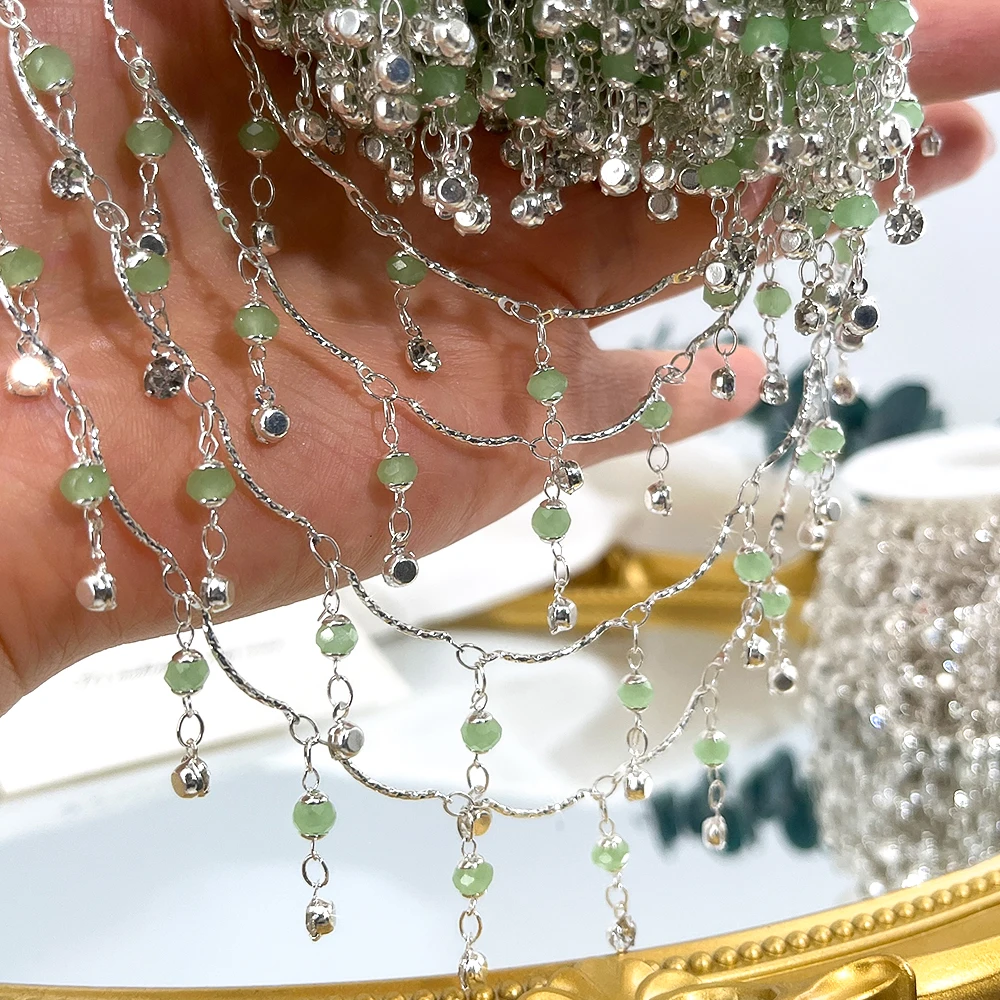 0.5Meter 1Meter Green Crystal Glass Lantern Beads Charm Copper Chain DIY Necklace Bracelet Beaded Chain Jewelry Making Materials