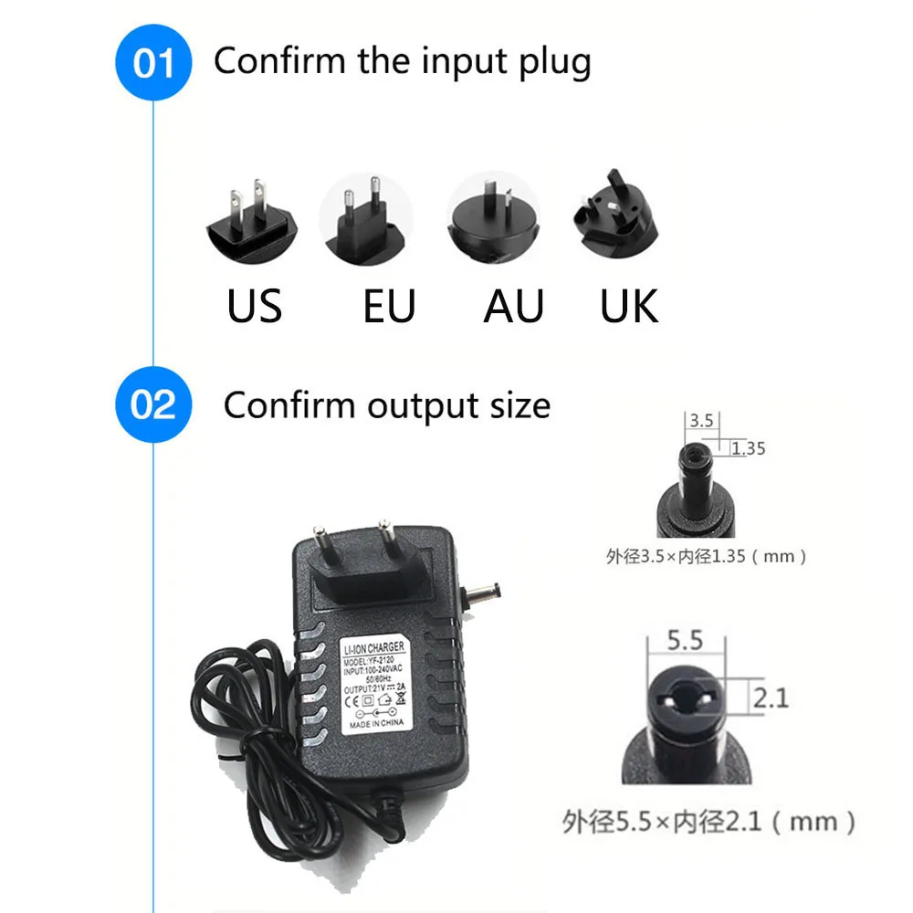 LAIMAIECO 4.2V 8.4V 12.6V 16.8V 2A 21V 25.2V 29.4V 1A Czerwone ładowanie do ładowarki akumulatorów litowych DC 5.5mm / 3.5mm Wtyczka EU US