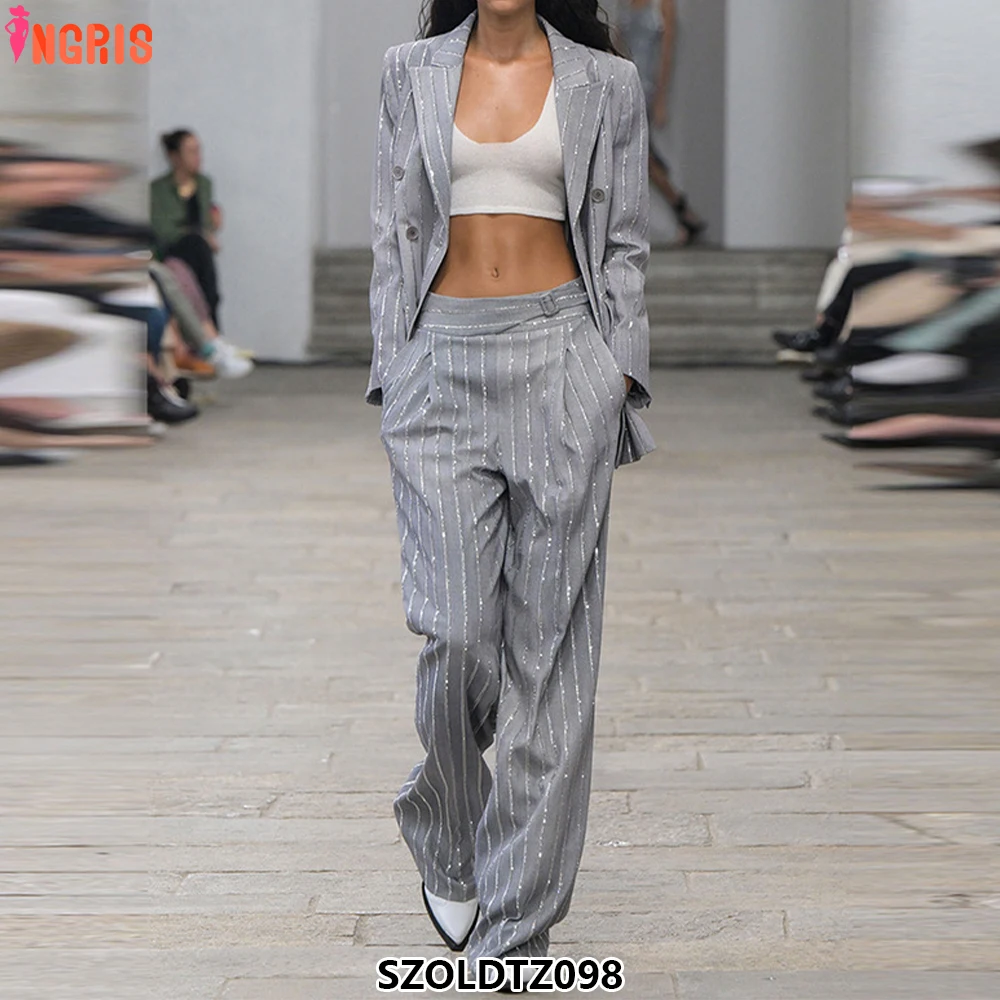 

High quality 2025 women's spring new style gray heavy iron diamond double-breasted suit trousers suit two sets-SZOLDTZ098