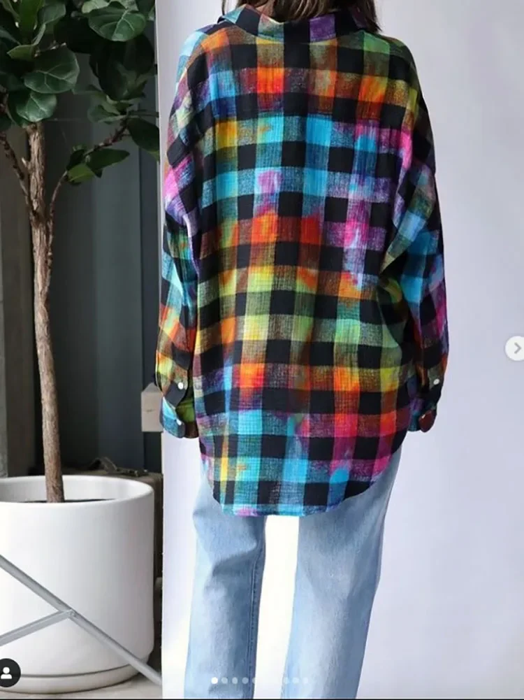 

spring and summer rainbow plaid long-sleeved cotton Women shirts2023 fashion versatile loose casual Elegant women blouses