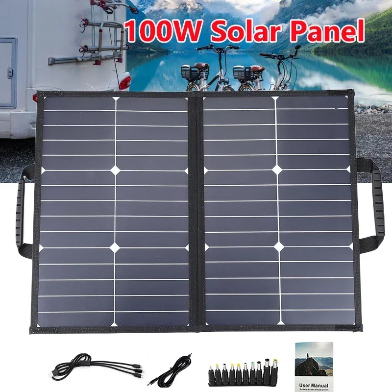 

100W 18V Sunpower Cell Solar Panel Folding Bag with Bracket Dual Fast Charge+type-C+DC Interface for Traveling Camping Hiking