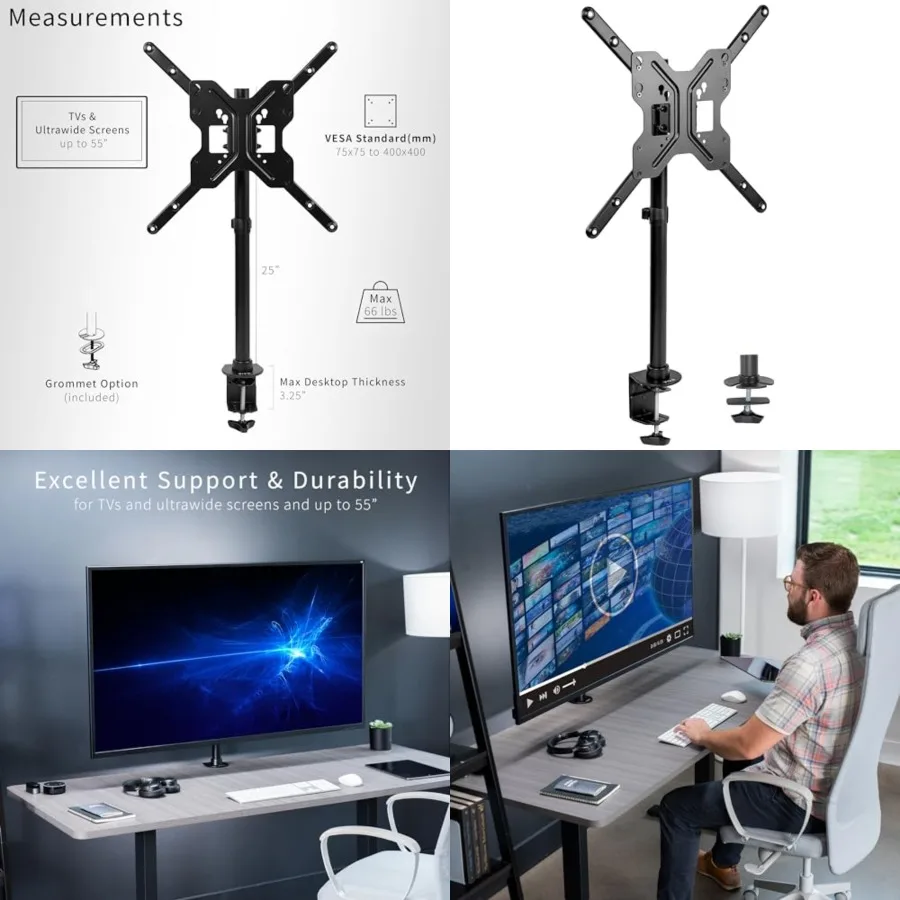 

Ultra Wide TV Desk Mount for up to 55 inch Screens Weighing 66 lbs, Full Motion Height Adjustable Single Television Stand, Black