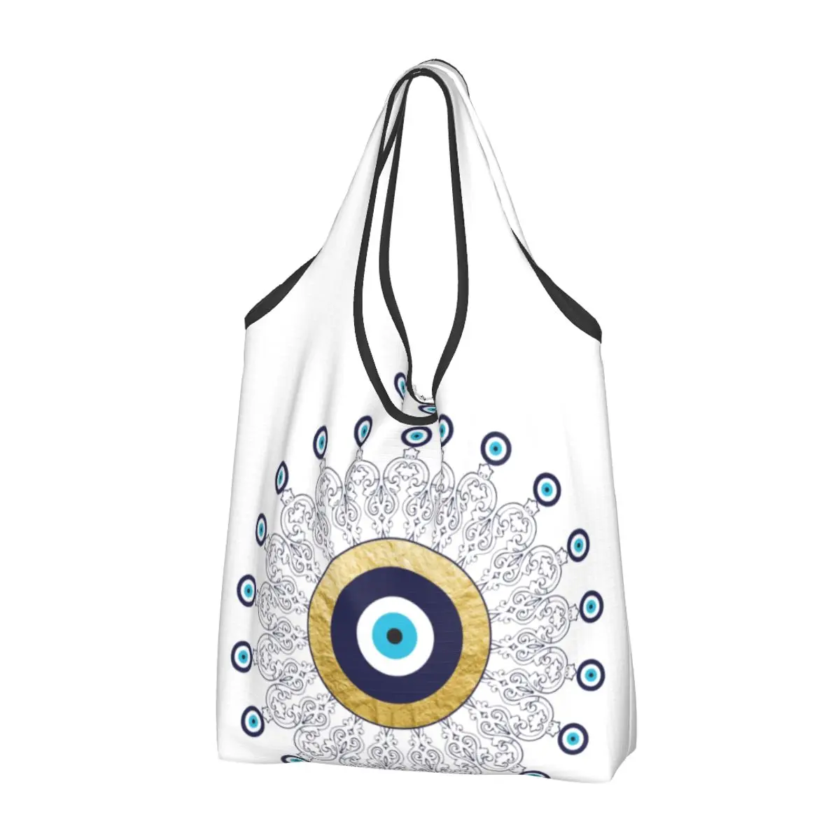 

Custom Cute Evil Eye Mandala In Gold And Blue Shopping Tote Bag Portable Lucky Charm Amulet Grocery Shopper Shoulder Bag