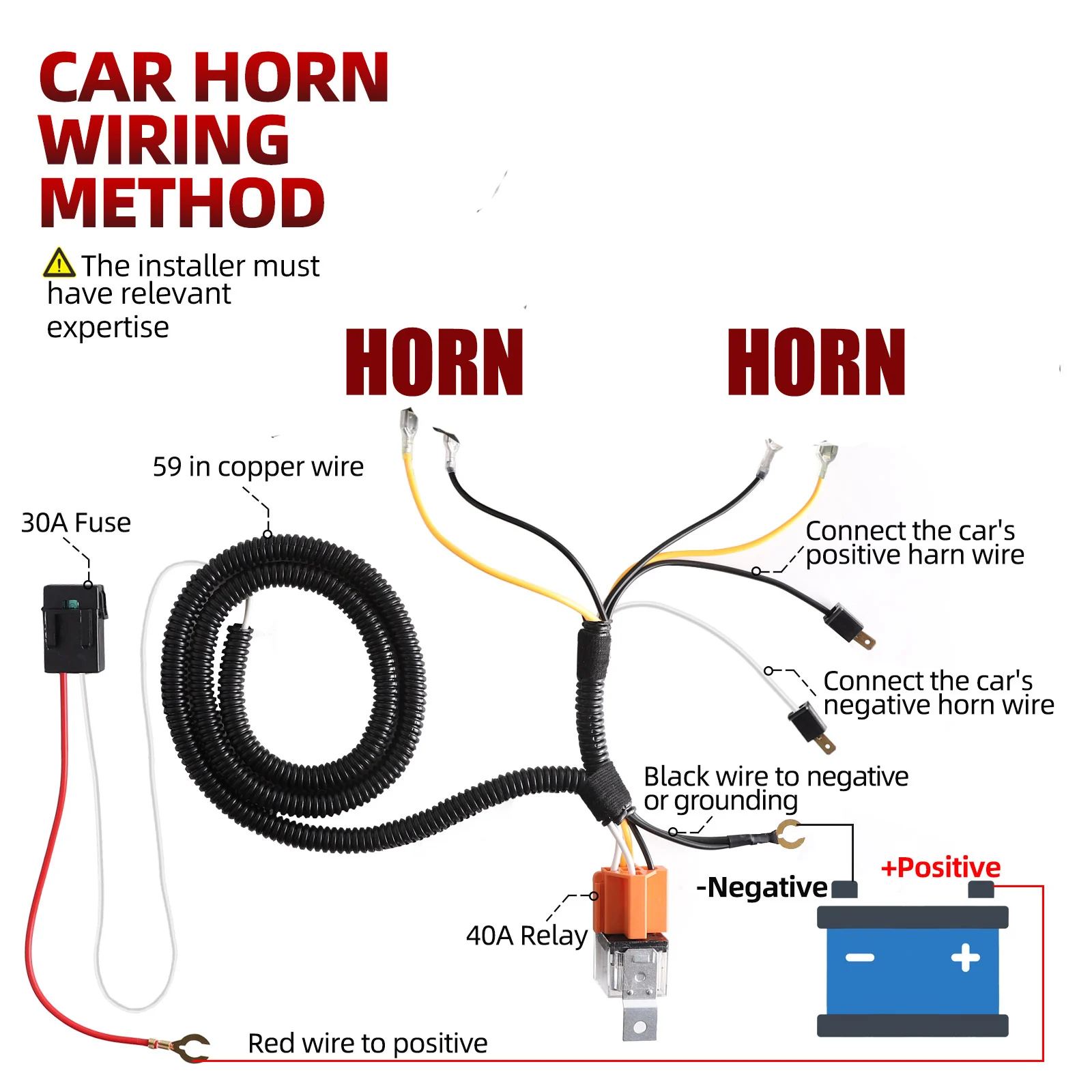 Universal Car Horn Button Kit - All-in-One Upgrade with 40A Relay for Dual Snail Horns, Complete Wiring Harness Included