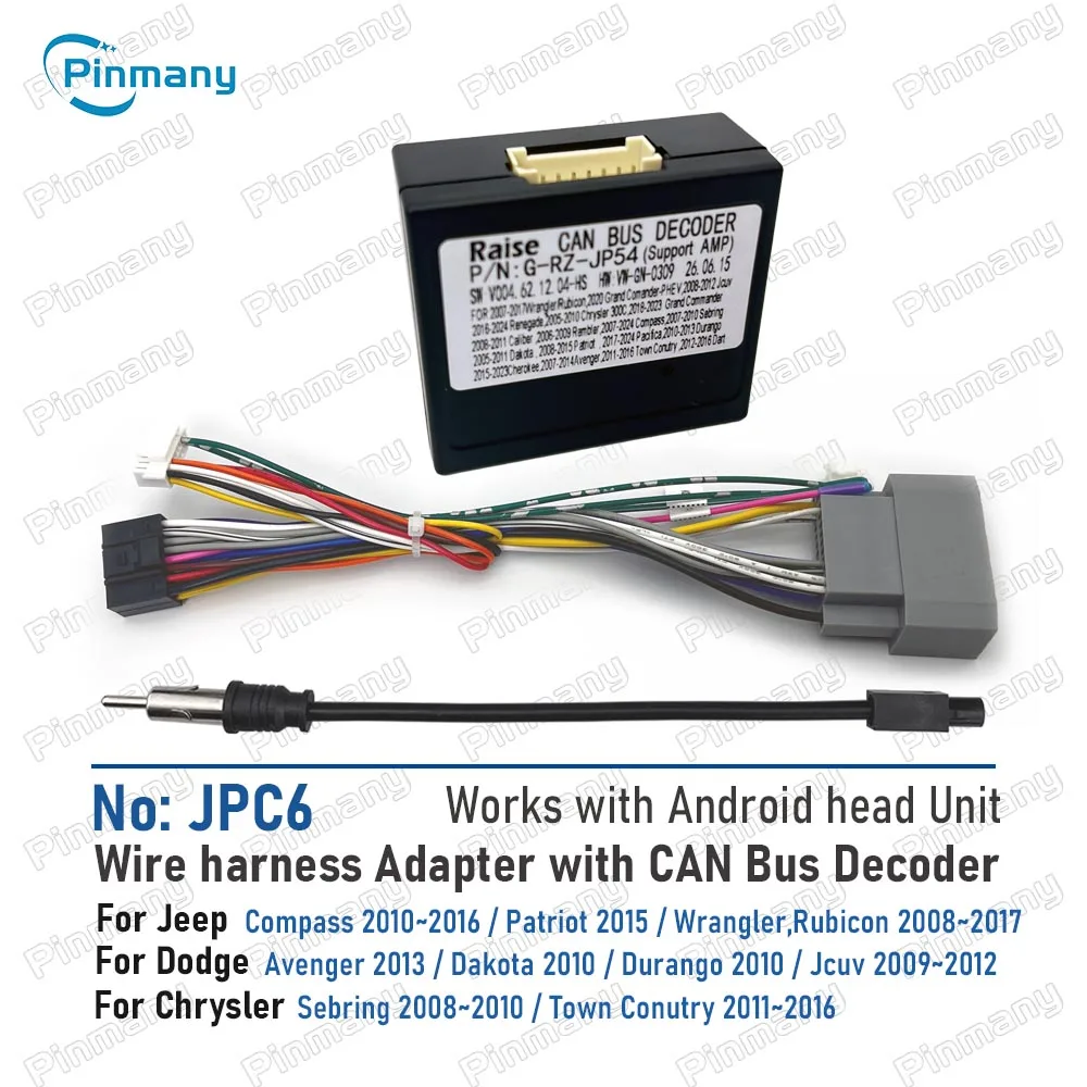 JPC6 Car Radio Wire Harness Adapter CAN BUS Decoder for Jeep Compass Patriot Wrangler,Dodge Avenger Dakota Jcuv,Chrysler Sebring