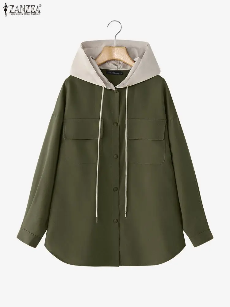 

2025 Autumn Hooded Outwears ZANZEA Women Shirt Coats Casual Long Sleeve Blouses Solid Loose Jackets Thin Outwear Buttons Up Tops