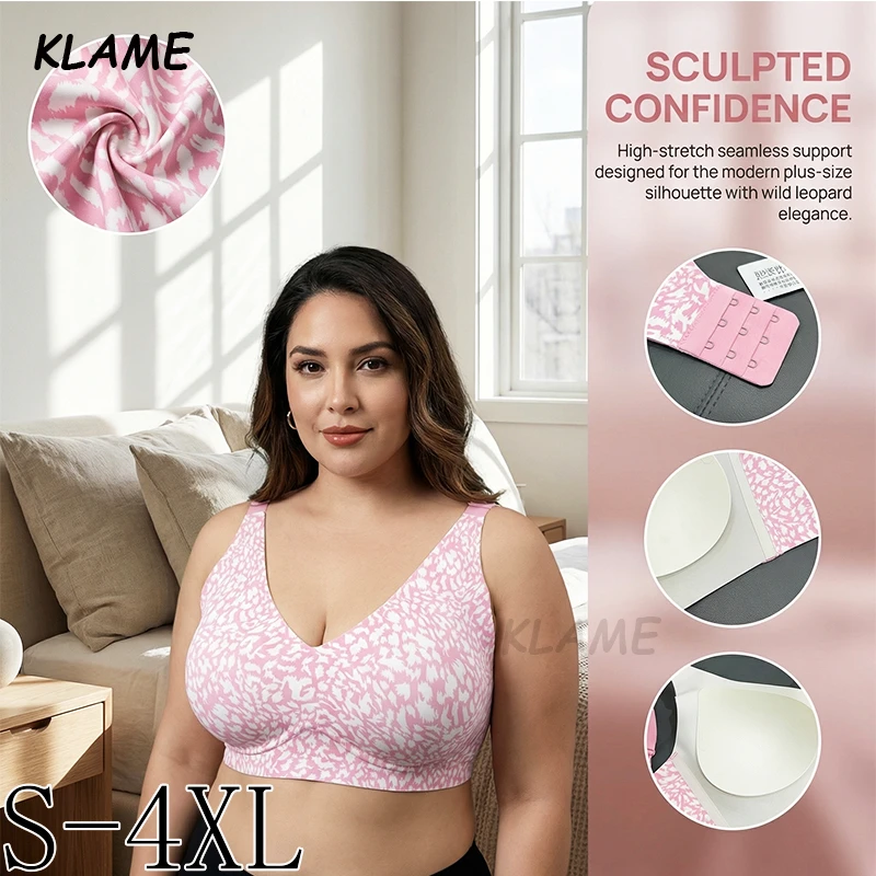 KLAME S-4XL Plus Size Women's 3D Thin Fixed Cup V-neck Seamless Push Up Wireless Leopard Jelly Bra KLM1589