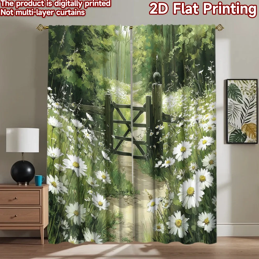 2D flat printing 2pcs Curtain Daisy Path Garden Gate Meadow Digital Printed Polyester Drapes All Season Party & Holiday Decor