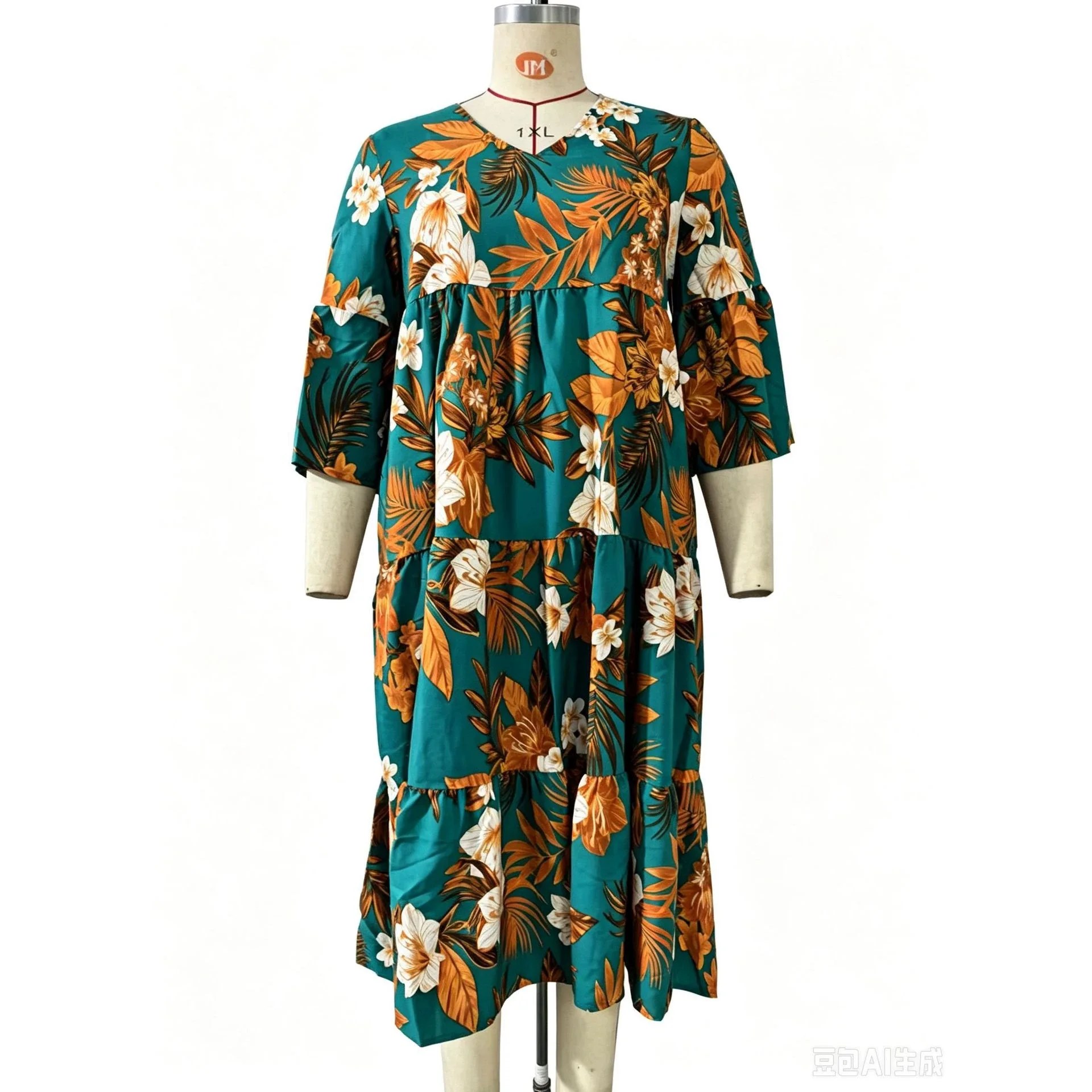 xl-5xl-プラスサイズのアフリカのドレス女性のための春秋アフリカ-3-4-袖ポリエステル印刷ミディドレスダシキアフリカ服