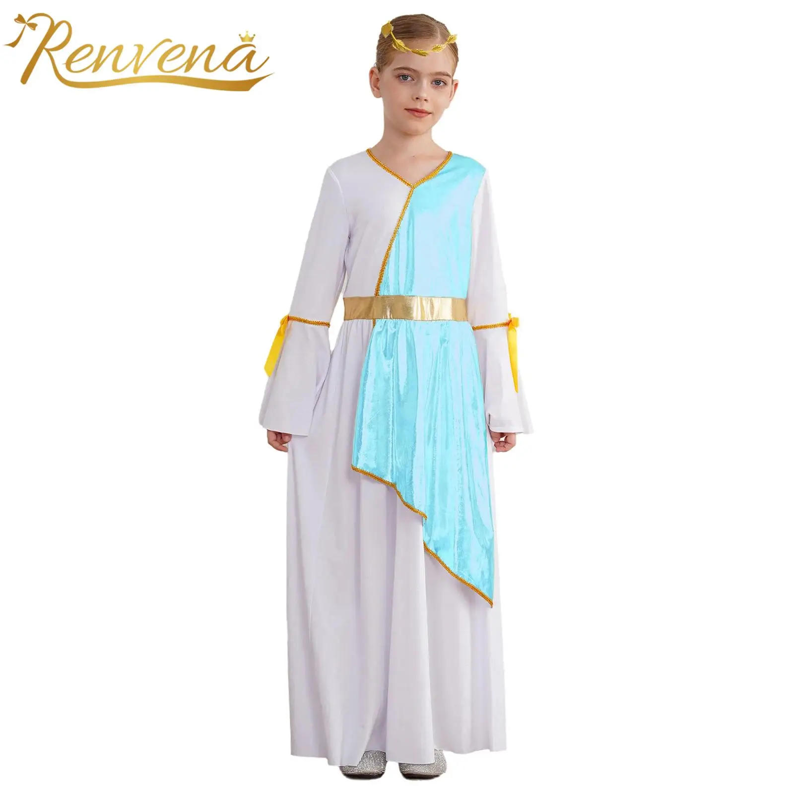 Girl Cosplay Ancient Greek Princess Dress Children Roman Dress with Leaves Garland Headwear Dance Robe Party Dress Up Costume