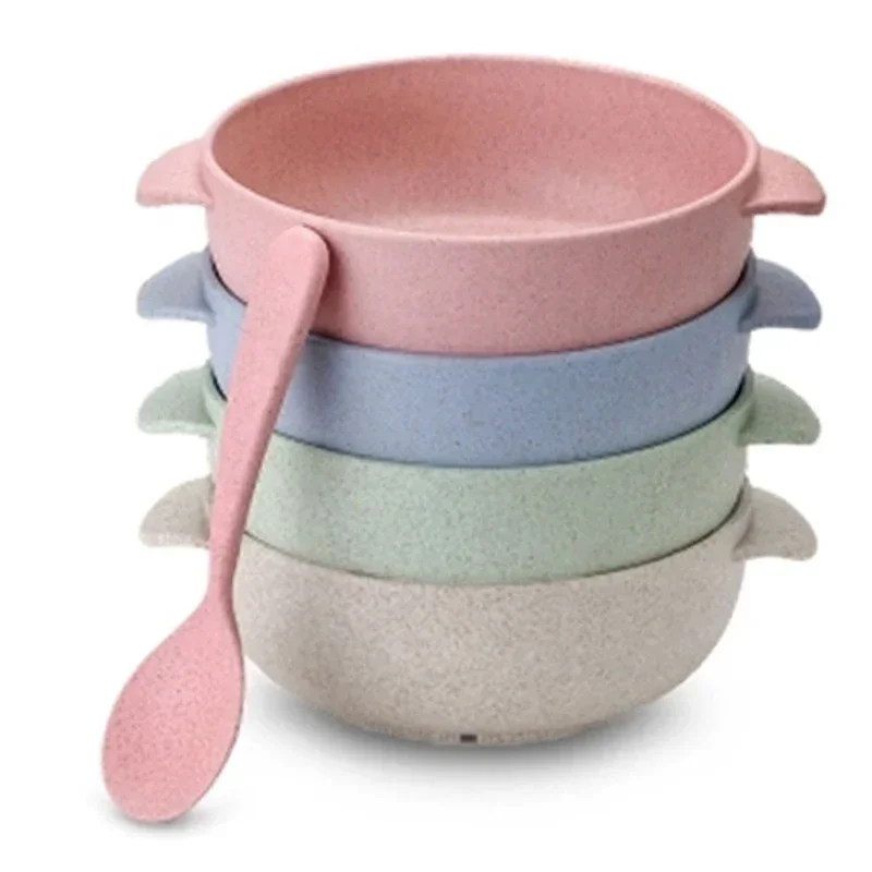 

2pcs Baby Feeding Tableware Set Wheat Straw Baby Plate Dish Children Eco-Friendly Dinnerware Kids Training Bowl Spoon Chopsticks