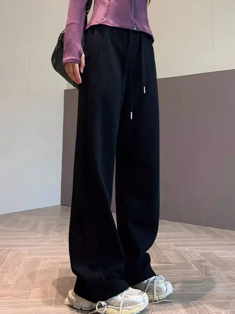 Women Casual Thicken Loose Straight Pants Winter Warm High Waist Lace Up Wide Leg Pantalones Snow Wear Velvet Lined Sweatpants