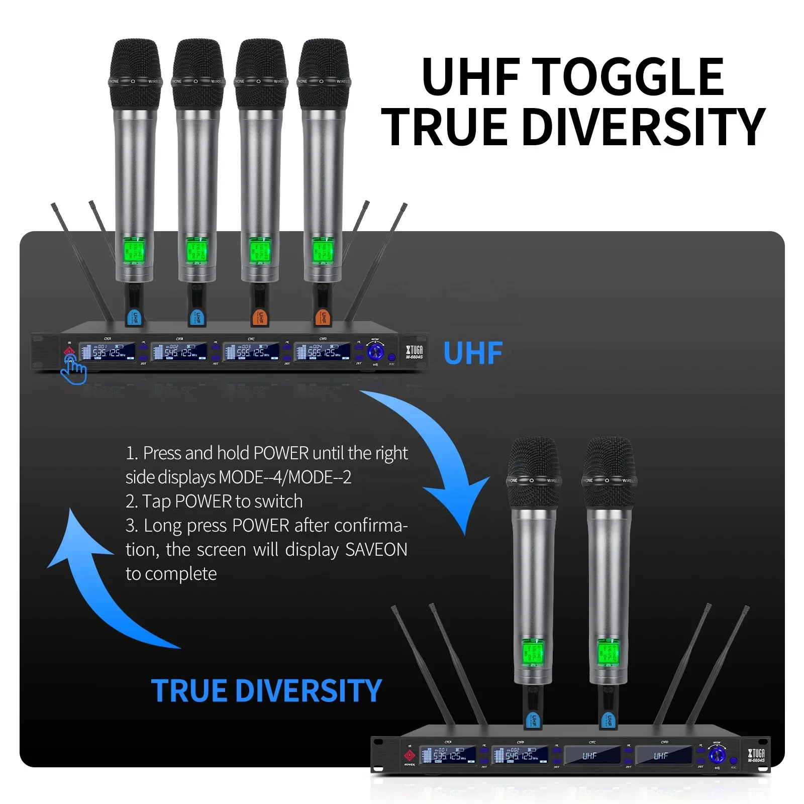 Xtuga M-6604S Dual Mode UHF To True Diversity System 4 Handheld Wireless Microphone