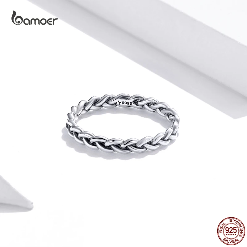 Bamoer 925 Sterling Silver prosty pleciony pierścionek dla kobiet klasyczny elegancki pierścionek do układania w stosy biżuteria ślubna akcesoria nie 925 Logo — zdjęcie 5