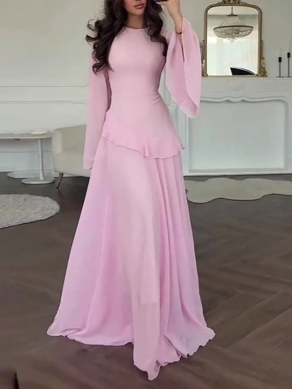 

Elegant Slim Fit Round Neck Long Sleeve Floor Length Dress