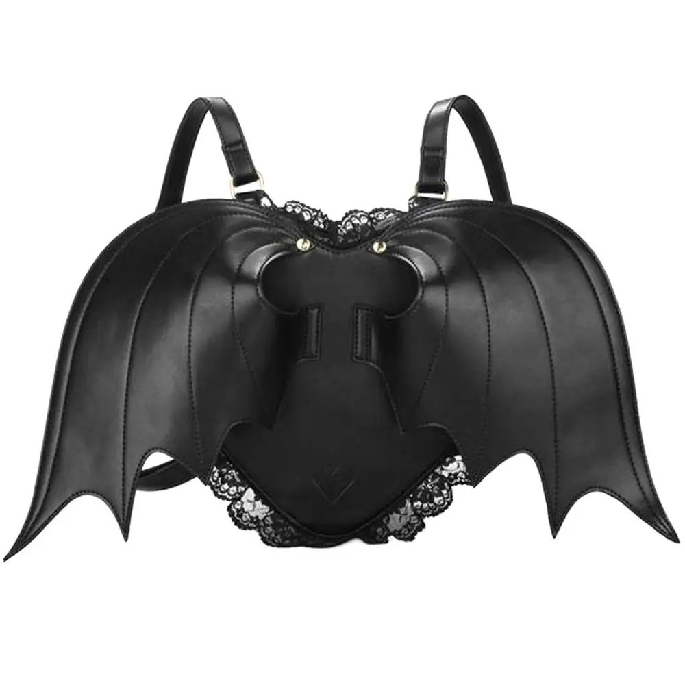 Halloween Bat Wings Backpack Adjustable Shoulder Strap PU Leather Black Angel Daypack Black Women Heart Lolita Bag for Women