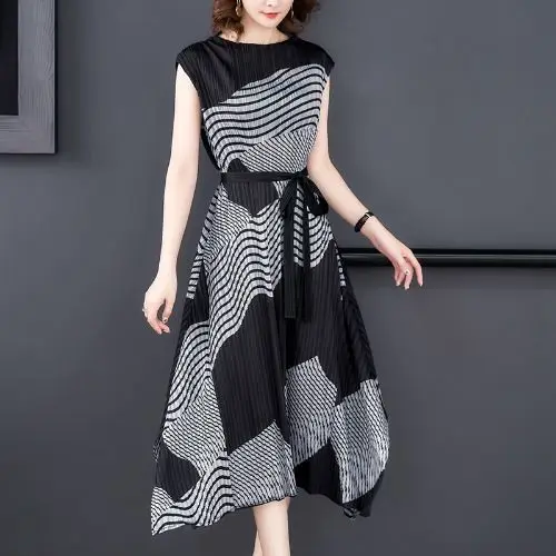 

Sleeveless Pleated Dress 2021 Spring/Summer New Print Long Irregular Waist Tank Top Loose Fit sexy dress