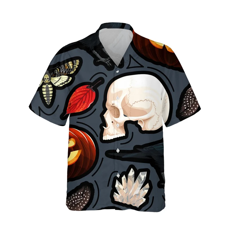 Summer Hot Sale New 3D Printed Shirts Crow Printing Lapel Short Sleeve Horror Fashion Casual Men Tops Traje Single Breasted Tees