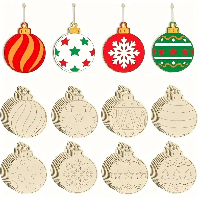 24pcs Wooden Ball Hanging Pendant Multi Xmas Ball Ornament for Noel Tree Decorations Merry Xmas Party DIY Painting Gifts Supply