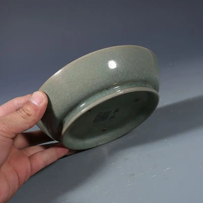 Vintage Chinese Imitate Song Ru Kiln Sky Azure Crackle Glaze Shallow Porcelain Washer Tea Table Antique Collectible Ceramic Dish