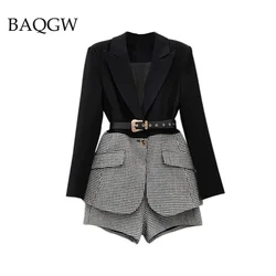 Korean Patchwork Plaid Shorts Two Piece Set Women Lapel Long Sleeve Blazer +Wide Leg Shorts Casual Office Lady Sets with Sashes