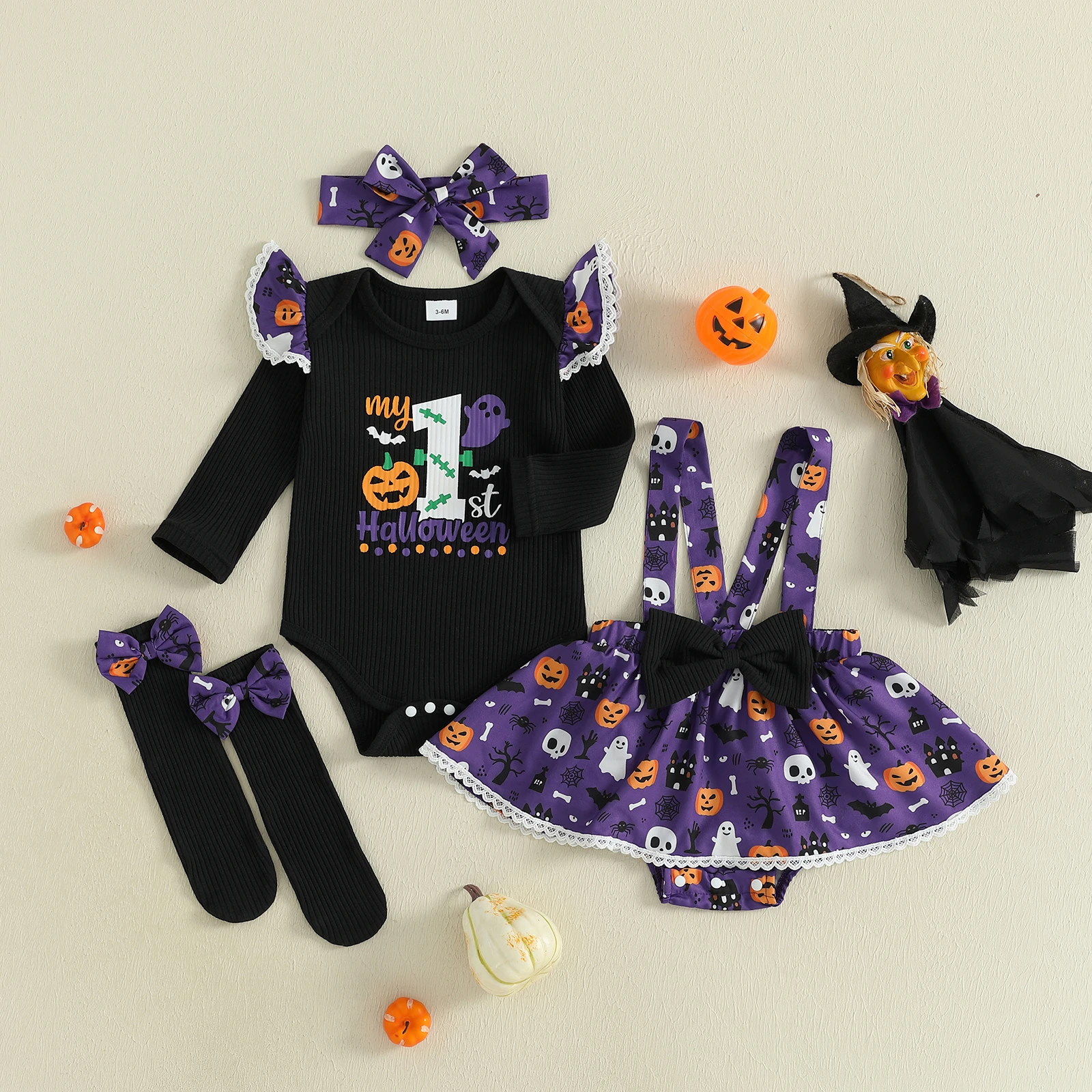 

Tregren Infant Baby Girl Halloween Outfits Letter Ghost Pumpkin Print Romper Suspender Skirts Headband Socks 4Pcs Clothes Set