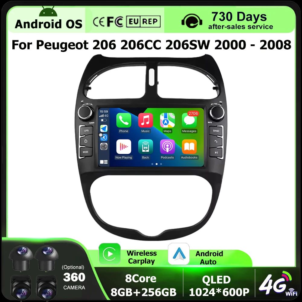 

Wireless Carplay For Peugeot 206 206CC 206SW 2000-2008 Android 16 Auto Car Radio Multimedia Video Player GPS Navigation BT DSP