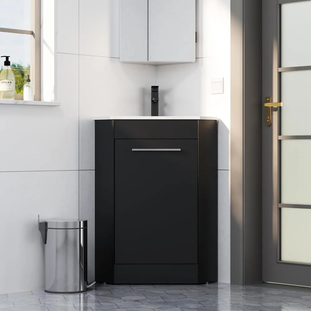 26-дюймовый угловой туалетный столик для компактных ванных комнат — белая раковина и матовый черный шкаф