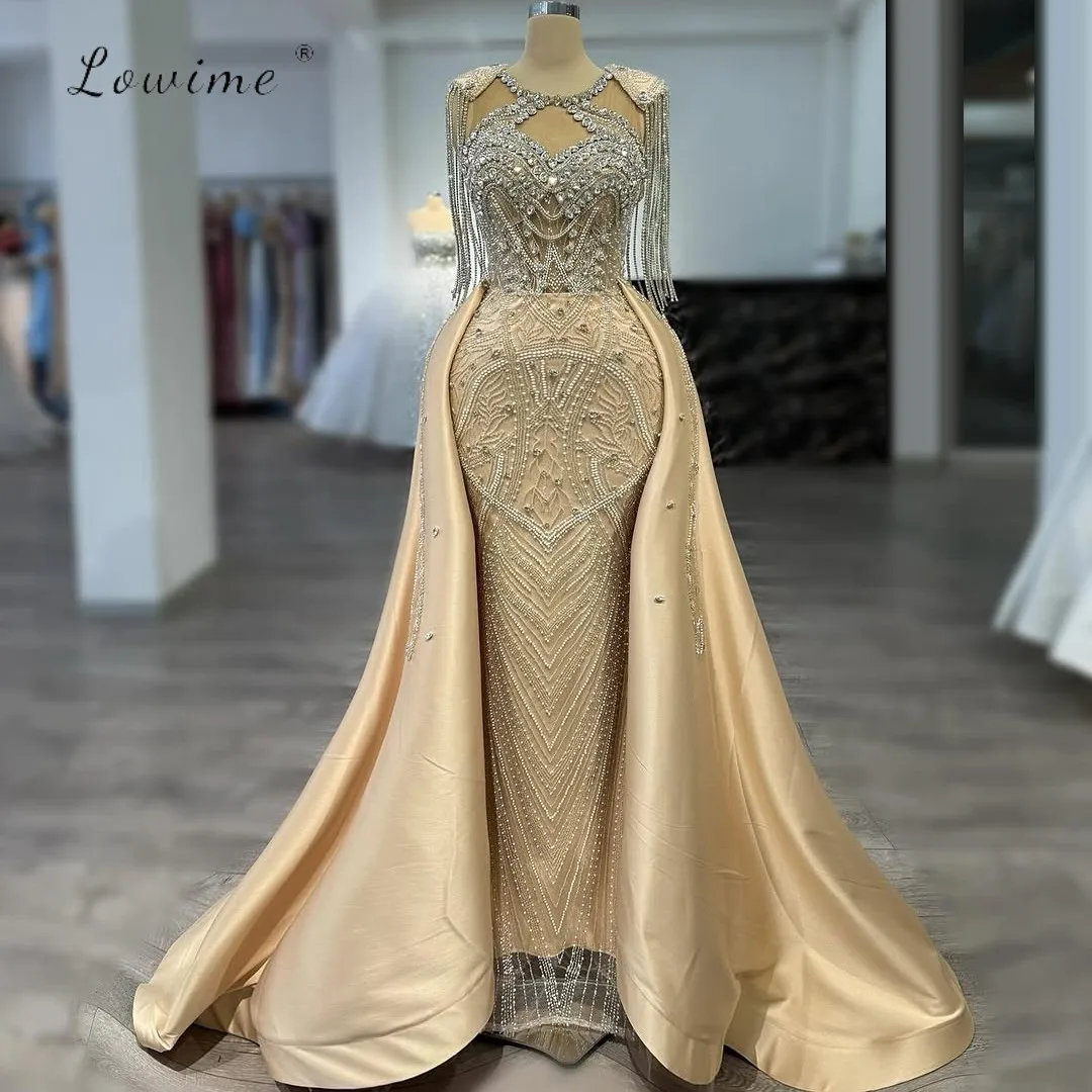 

Gold Champagne Long Evening Dress Tassel Sleeves Wedding Gowns Customized Formal Reception Dress