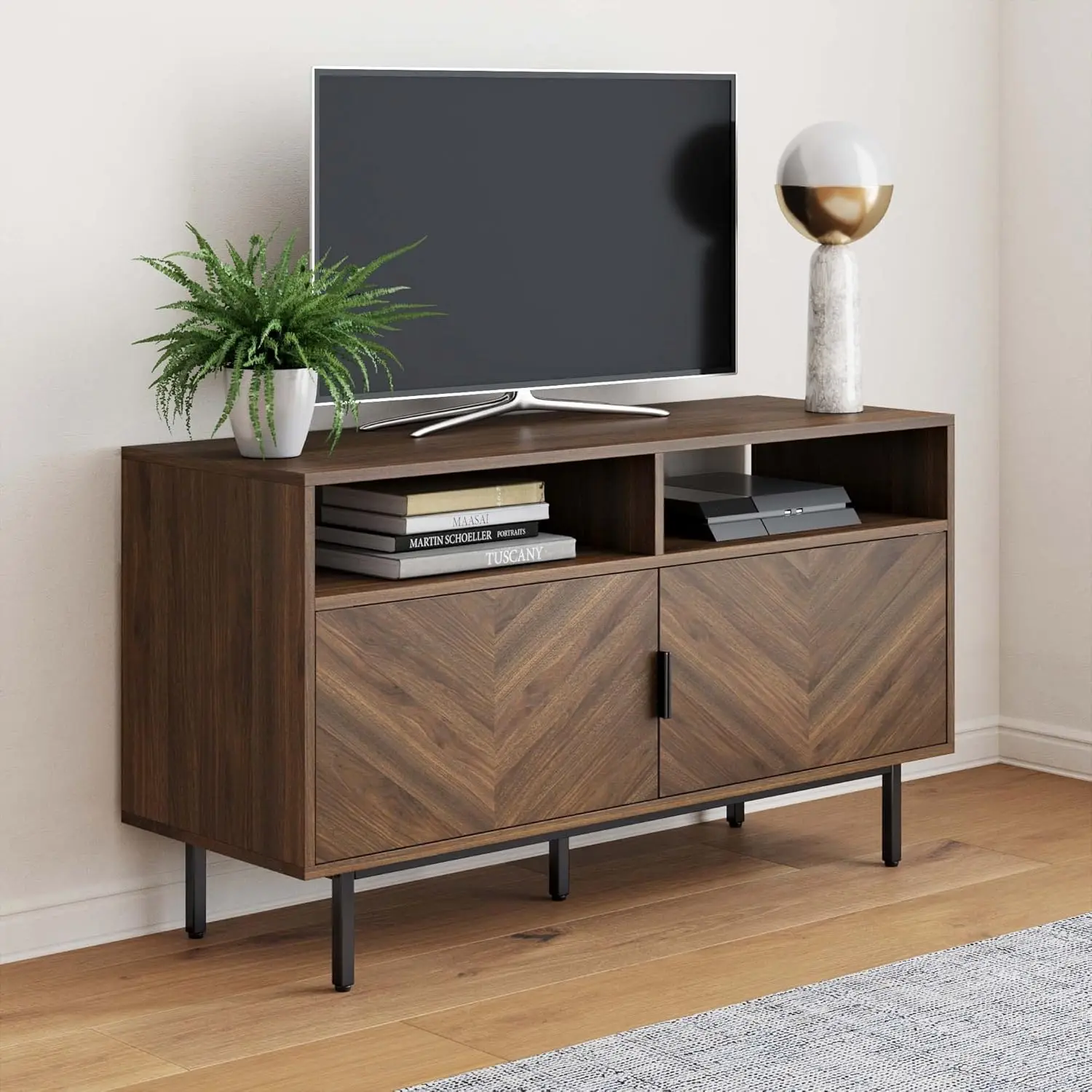 Rustic Dark Walnut Brown/Black TV Stand with Herringbone Doors and Cubby Storage for Living Room